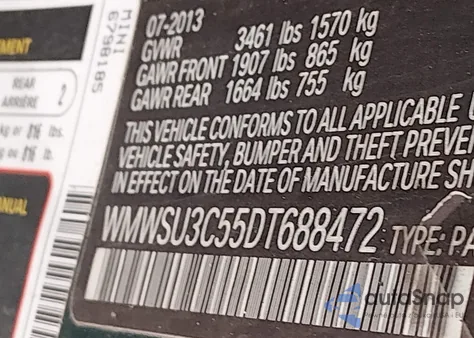 2013 Mini Hardtop Cooper z USA, uszkodzony, nr VIN WMWSU3C55DT688472